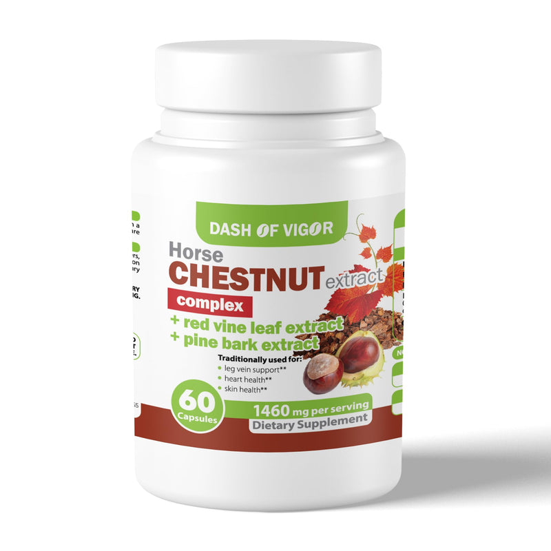 Dash of Vigor Horse Chestnut Extract Complex, Red Vine Leaf Extract Supplement, Pine Bark, Turmeric, Hawthorn Berry, Ginger, Cayenne Pepper, Chamomile, Leg Vein Support, 1460 mg, 60 Capsules - BeesActive Australia