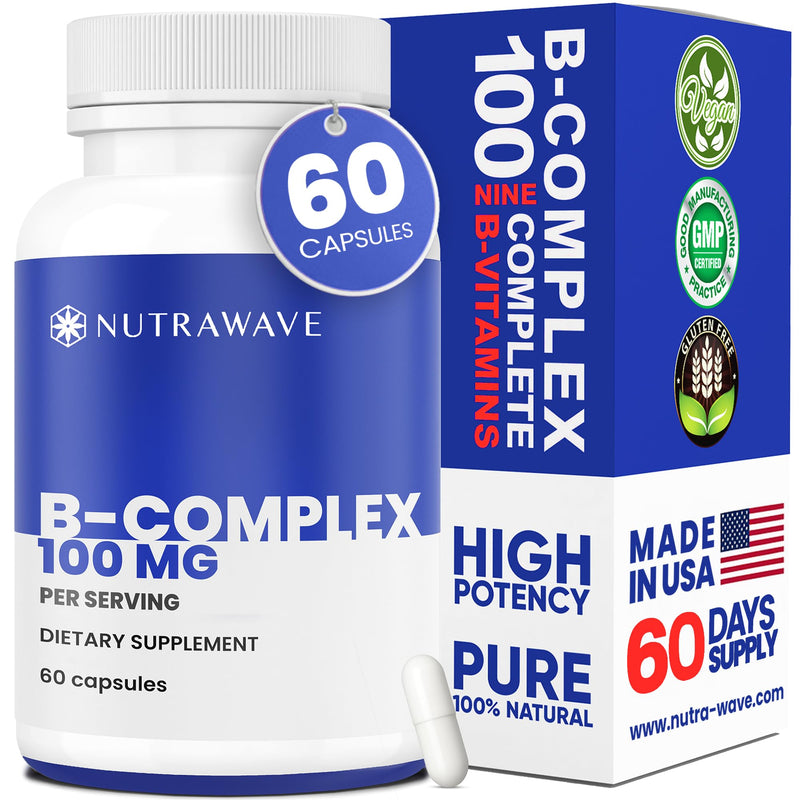 Nutra Wave Super B Complex Vitamins for Women & Men, High Potency B1 B2 B3 B5 B6 B7 B9 B12 with Choline & Myo-Inositol, Energy & Brain Support, Made in USA, Vegan Non-GMO, 60 Capsules 60 Count (Pack of 1)