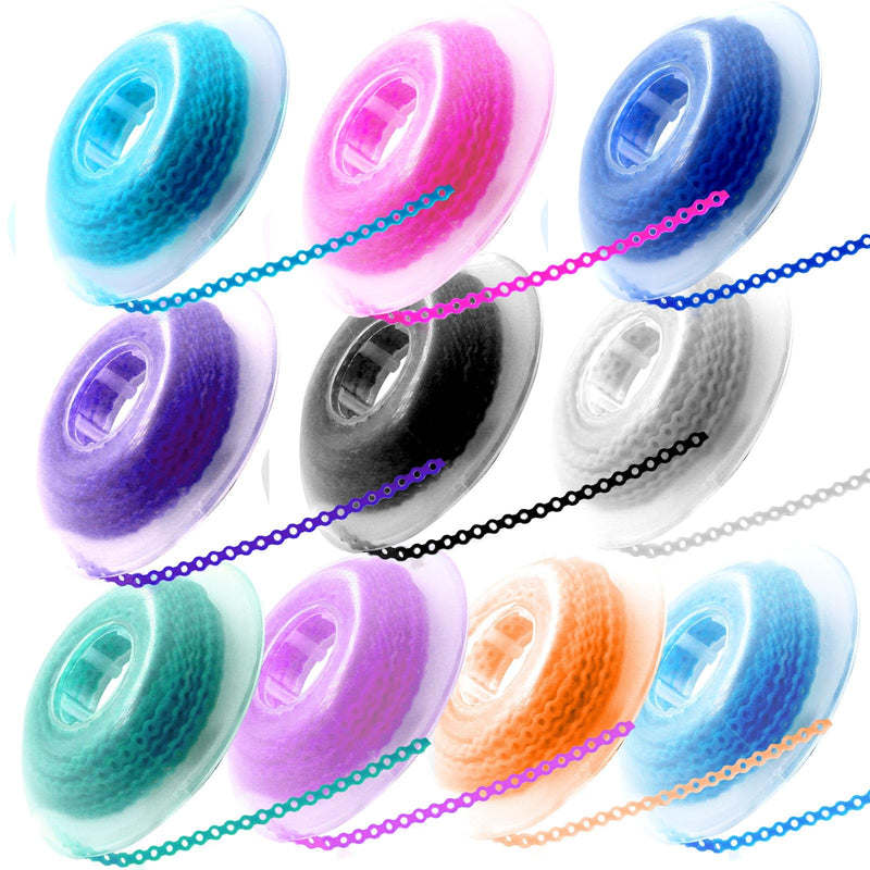 10 Rolls Orthodontic Braces Rubber Chains, Braces Power Chains consisted force in closed, short, long filaments chain in 15'' spools (long, 0.166’’(4.2mm), Mix colors long, 0.166’’(4.2mm)