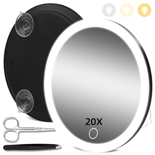 20X Magnifying Mirror with Lights, 20X Magnified Mirror with 3 Suction Cups Black-20x 6"L x 6"W