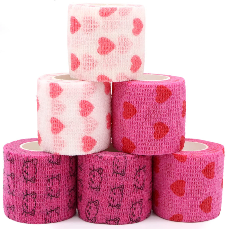 Self Adhesive Bandage Wrap Animal Cohesive Bandage Self Adherent Wrap First Aid Tape for Dogs Cats Horses Birds & Wrist Healing Ankle Sprain (2 Inch Heart 6 Rolls) 2 Inch Heart 6 Rolls - BeesActive Australia