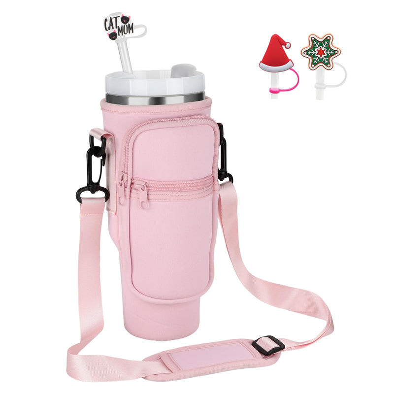 Water Bottle Carrier Bag for Stanley 40oz Tumbler with Handle, Neoprene Water Bottle Cup Holder Pouch with Adjustable Shoulder Strap, Bollus with Straw Cover & for Stanley Cup Accessories Pink - BeesActive Australia