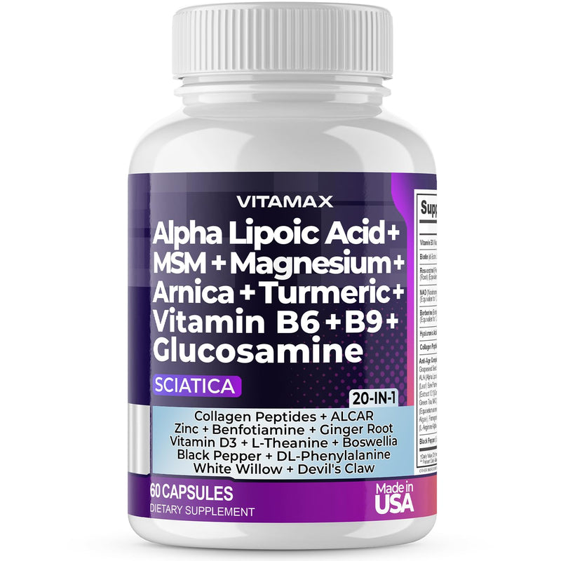 Sciatic Nerve Health Support - Sciatic Nerve Supplement Capsules with Folic Acid, Pea, Glucosamine, MSM, Vitamin B Complex, Alpha Lipoic Acid 300mg – 60ct – Made in USA 60 Count (Pack of 1)