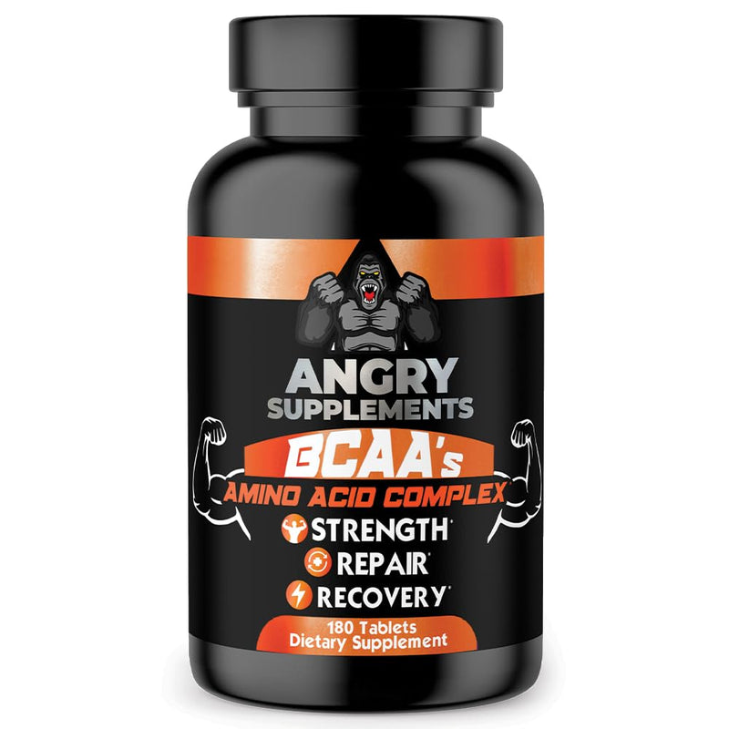 Angry Supplements BCAA Amino Acid Complex Tablets for Workout Recovery, Strength, & Repair with L-Leucine, L-Isoleucine, L-Valine, Vitamin B6, and Vitamin E, (1-Bottle 180ct) 180 Count (Pack of 1)