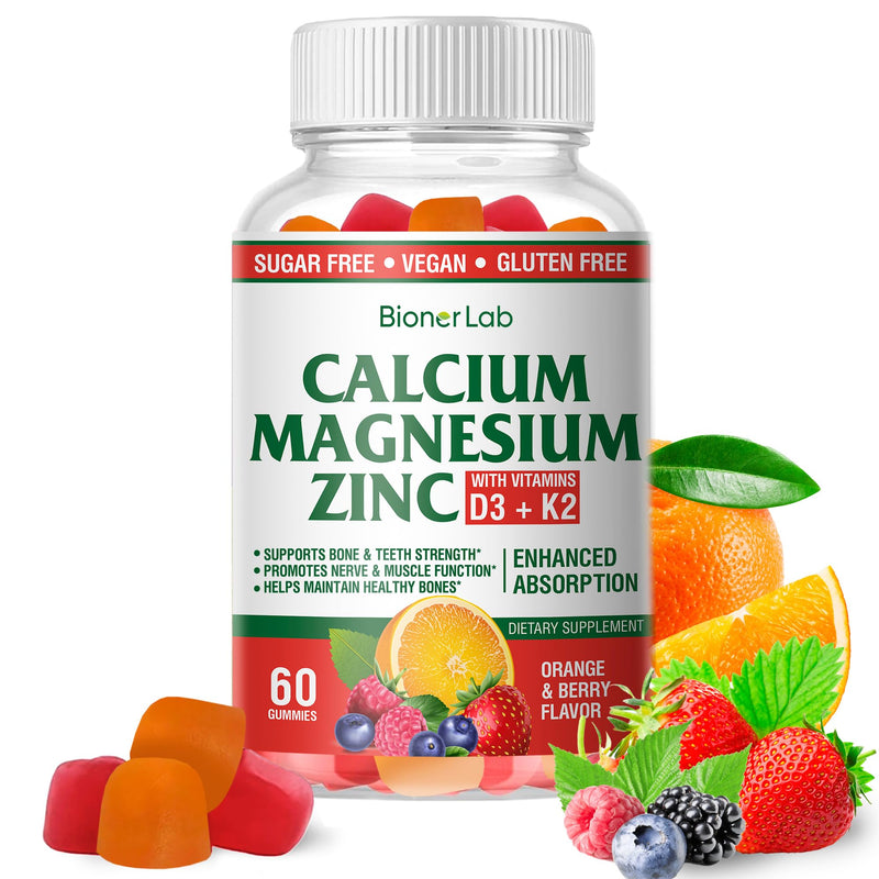 BionerLab Calcium Magnesium Zinc Gummies with Vitamin D3 & K2 - High Absorption Complex with Magnesium Glycinate Calcium Zinc Citrate for Bone Muscle & Immune Health - Sugar-Free Orange Berry Flavored 60 Count (Pack of 1)