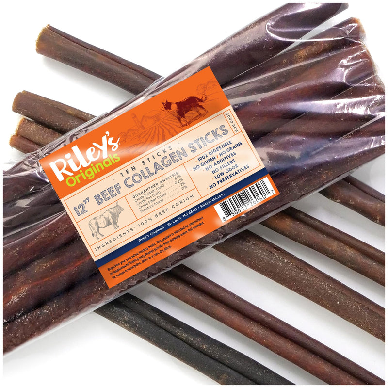 Riley's 12 Inch Beef Collagen Sticks for Dogs, Collagen Chews for Dogs, Bully Stick & Rawhide Alternative, Long Lasting, No Raw Hide Chews, Single Ingredient Dog Treat- 10 ct 12" Sticks, 10 Count