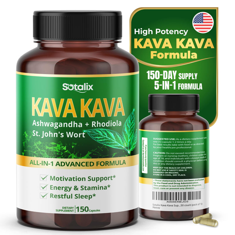 Sotalix Kava Kava Supplement with Ashwagandha Rhodiola St. John's Wort for Mood, Energy & Calming Support - USA Made & Tested (150 Count (Pack of 1))