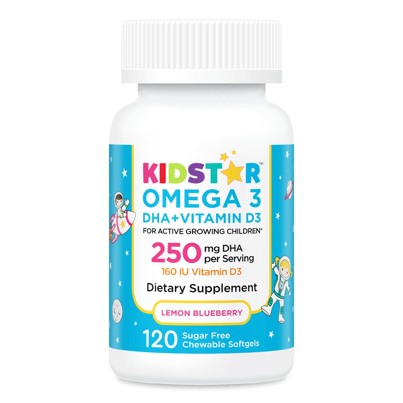 KidStar Nutrients Omega 3 with Vitamin D3, High-DHA, Lemon Blueberry, 120 Chewable Softgels