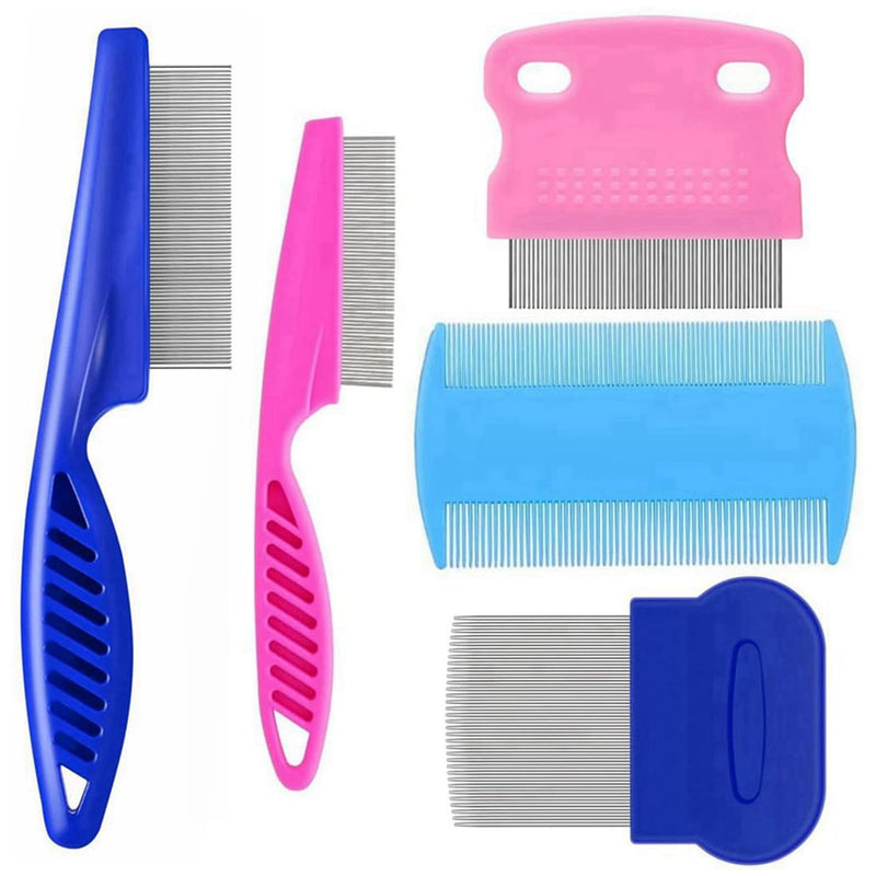 5 Pack Flea Lice Comb,Stainless Steel Dog Cat Grooming Combs with Rounded Teeth,Double Sided Professional Pet Tear Stain Remover,Dematting Tool for Small, Ideal for all pet Blue,Pink - BeesActive Australia