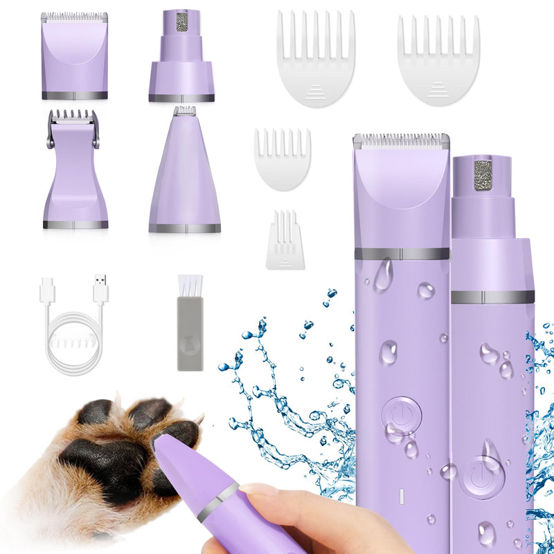 Veeconn Dog Grooming Clippers Kit-Electric Rechargeable Cat Trimmer Tools-Cordless Quiet Pet Nail Paw Grinder-4 in 1 Multifunctional Low Noise Shaver-Razor for feet Face Ears Toenail Eye Purple - BeesActive Australia