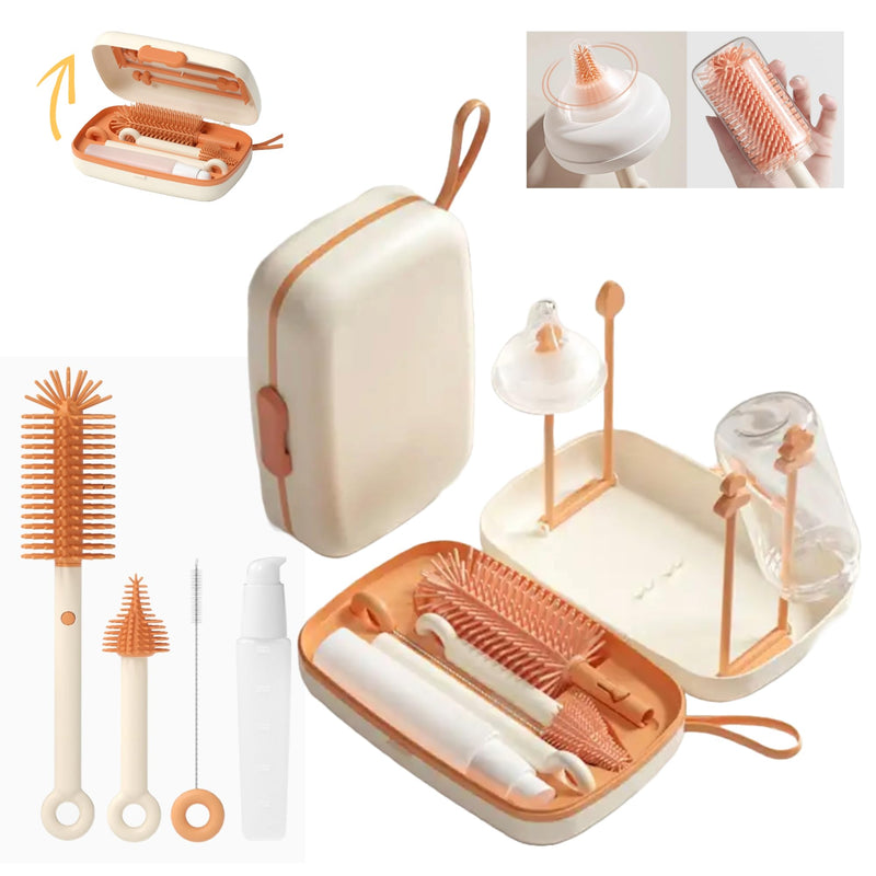 Travel Bottle Cleaner kit, 7in1 Baby Travel Essential Silicone Travel Bottle Brush Set, Nipple, Drying Rack, Straw, & Breast Pump Cleaning, Soap Dispenser & Organizer Case, Gift for Mom (White) White - BeesActive Australia