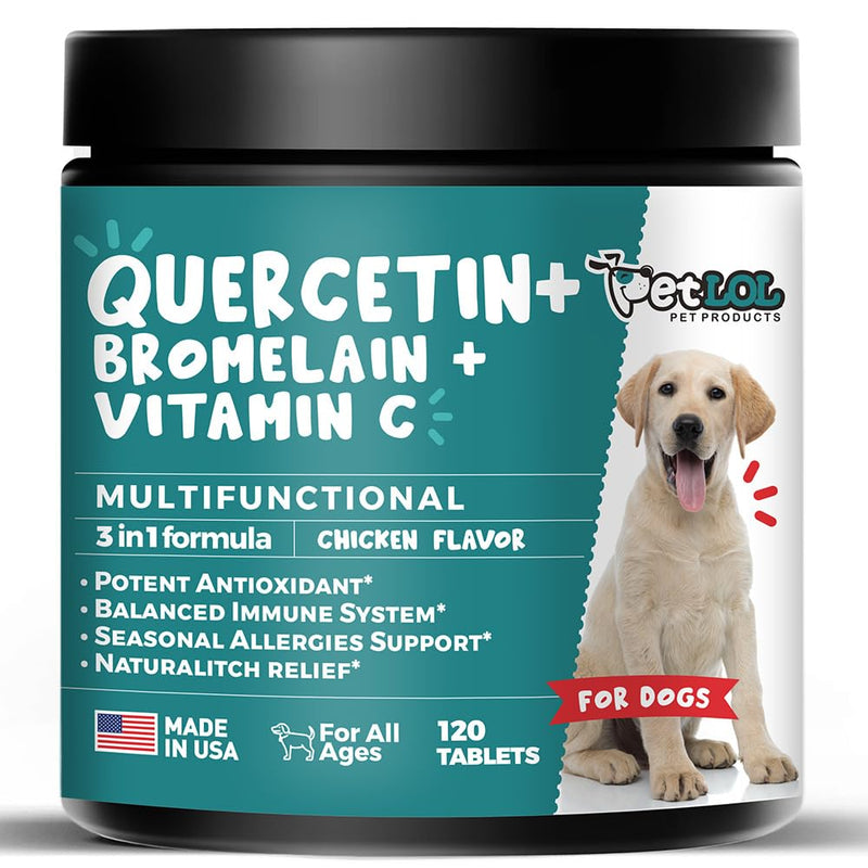 Quercetin for Dogs with Bromelain and Vitamin C | 3-in-1 Supplement for Dog Allergies, Immune Support, Itch Relief, Promote Inflammatory Relief & Antioxidant Activity | 120 Chewable Tablets - PawsPlanet Australia