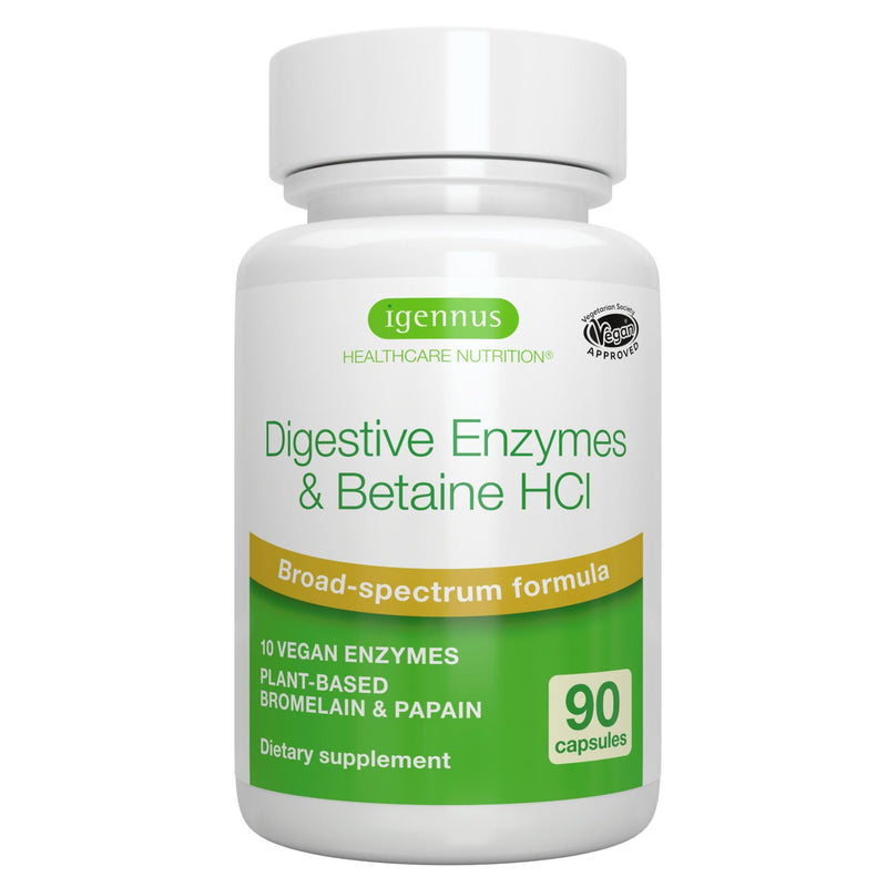 Igennus Broad Spectrum Digestive Enzymes & Betaine HCl, 90 Vegan Capsules | Fast-action blend with protease, lipase, lactase, papain and bromelain; plant-based and clean
