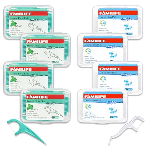 FAMILIFE Floss Picks, 240 Count Mint Dental Floss Picks with 4 Travel Handy Cases and 200 Count Unflavored Dental Floss Picks with 4 Travel Handy Cases