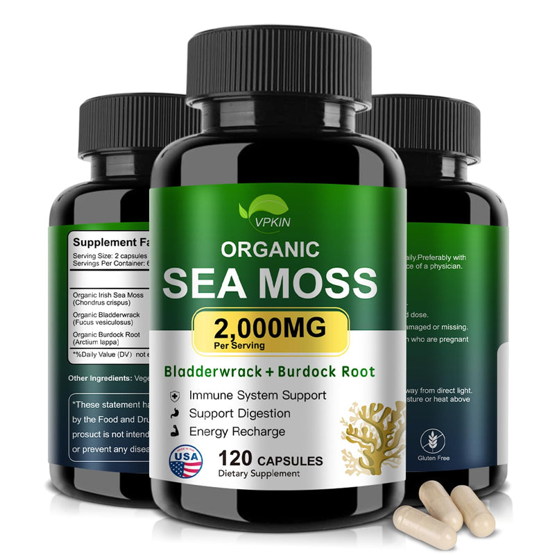 Sea Moss Capsules with Bladderwrack,Burdock Root and Black Pepper Extract | Irish SeaMoss Pills 2000mg-Promotes Immune System,Thyroid Support(120 Capsules)