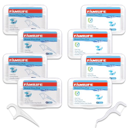 FAMILIFE Floss Picks, 440 Count Unflavored Dental Floss Picks, Tooth Picks Flossers with 8 Travel Handy Cases, Helps to Fight Tooth Decay and Keep Your Teeth Clean, Floss Sticks for Family