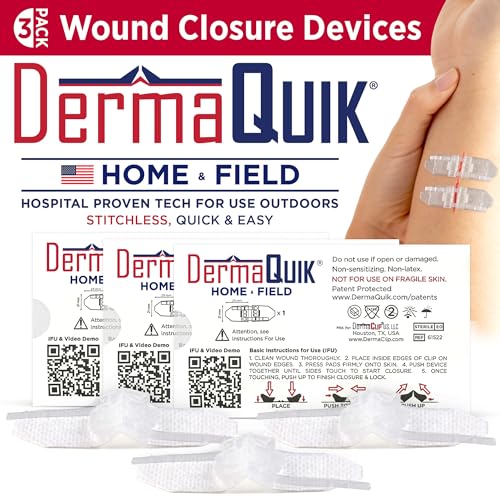 Home & Field Wound Closure Strips by DermaClip – 3 Pack Patented Laceration Strips, Upgrade from Small Butterfly Bandages for Wound Closure, Breathable, Zip Stitchless Kit Home 3 Pack