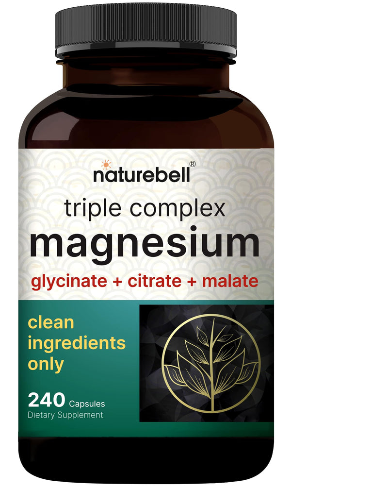 NatureBell Triple Magnesium Complex, Glycinate Citrate Malate, 240 Capsules | 1,000 mg Blend Per Serving. 3-in-1 Chelated Magnesium Supplement with Vitamin C. For Women & Men. Filler Free, Non-GMO. 240 Count (Pack of 1)