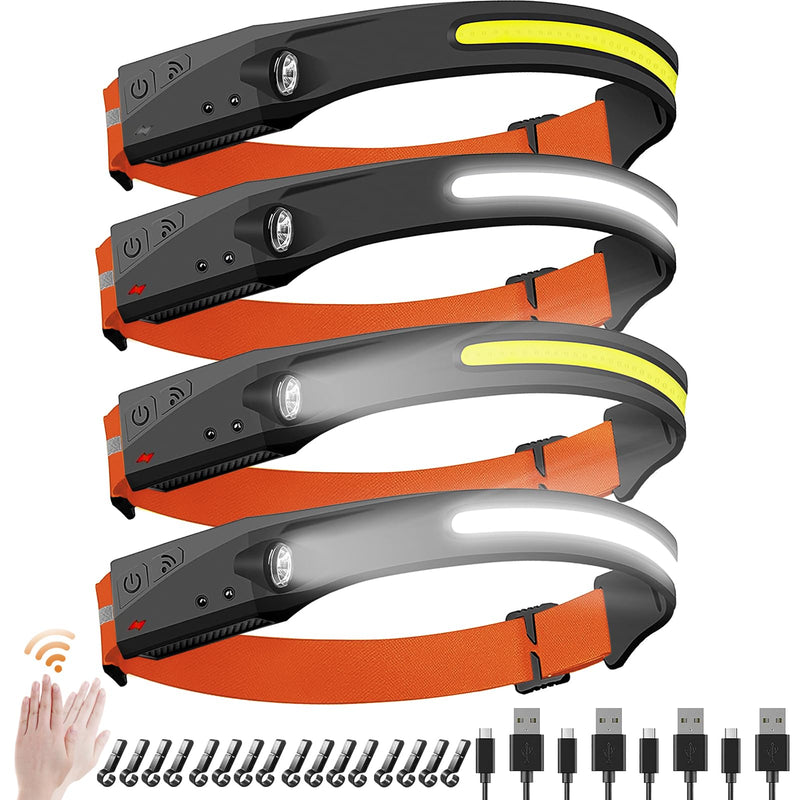 Rechargeable Headlamps, 5 Light Modes, 230° Wide Beam Spotlight with Motion Sensor, Lightweight Waterproof LED Headlight with Clips for Hardhat, Head Lamp for Camping Running (4, Orange) 4