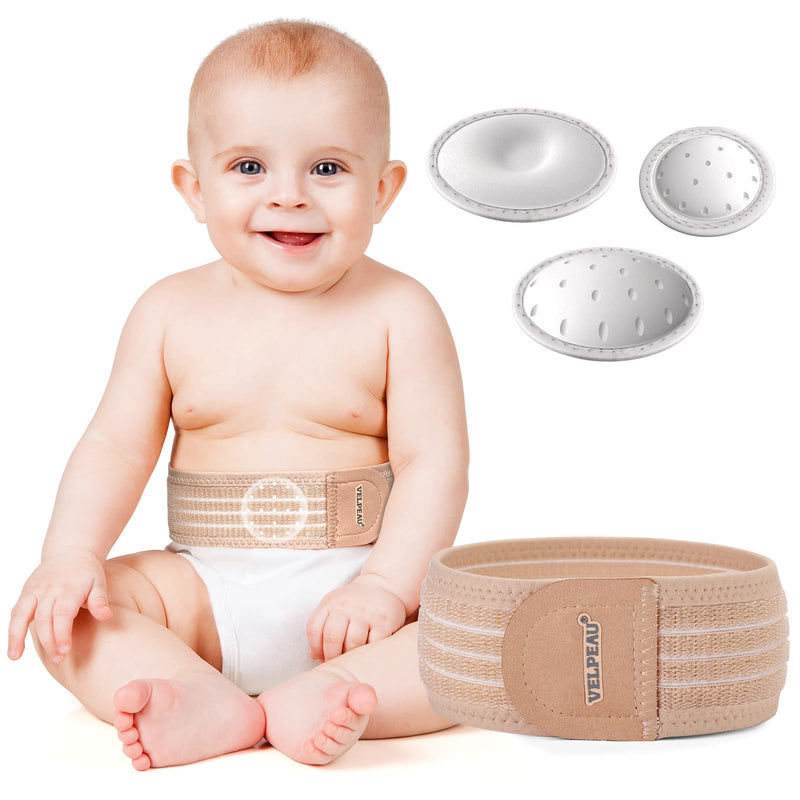 Velpeau Umbilical Hernia Belt Baby Newborn -with 3 Different Shaped Compression Pads, Belly Button Navel Band Wrap Truss Abdominal Binder Support for Infant, Children, Toddler, Kids, One Size < 20" Beige
