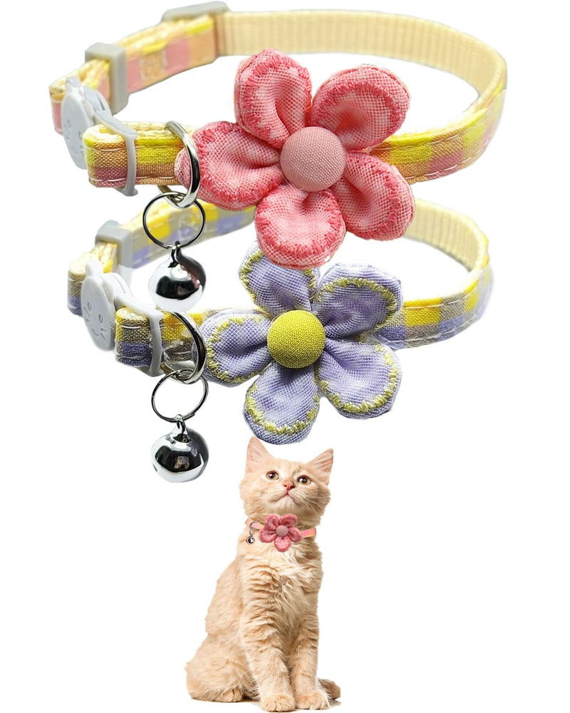 Plaid Kitten Collar with Flower，Cat Collar Breakaway with Bell，Cat Collars for Girl Cats，Adjustable 7 to 12.6 inches for Small and Medium Pets (Pink & Purple) Pink & Purple - BeesActive Australia