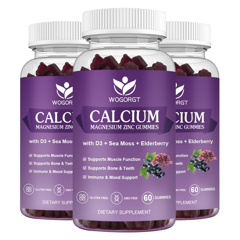 Calcium Magnesium Zinc Gummies with Vitamin D3, Bone Support, 60Ct (3Pack) | WOGORGT - Chewable Calcium Magnesium Zinc D3 Supplement with Sea Moss, Elderberry for Bone, Immune Support for Women & Men 60 Count (Pack of 3)