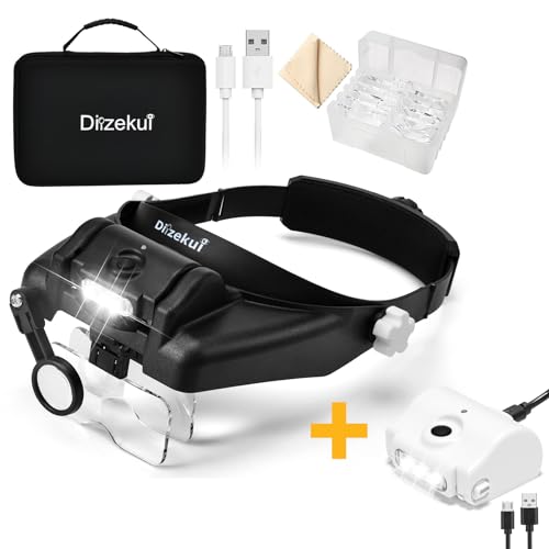 Dilzekui Black 1X to 14X Headband Magnifying Glass with Carry Bag and Spare Set of Headlamp