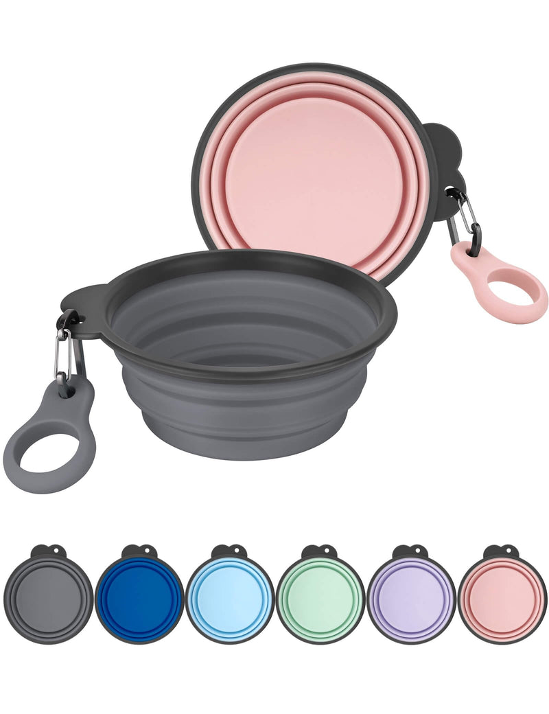 Aonkey Collapsible Dog Bowls with Bottle Carrier, 2 Pack Travel Dog Water Bowl Upgraded Carabiner, One-piece Molded Rim No Fall Off or Crack, Foldable Silicone Portable for Pets Walking Hiking 15oz Small (Pack of 2) 1. Gray & Pink - BeesActive Australia