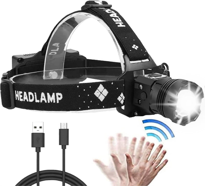 XLENTGEN LED Headlamp Rechargeable Super Bright,20000 Lumens Battery Powered Waterproof Zoomable Headlight with Motion Sensor for Camping/Dog Walking/Hiking/Fishing/Emergency Black