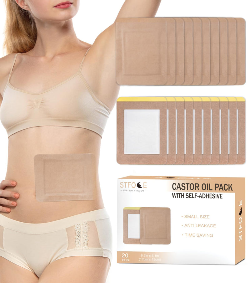 20pcs Castor Oil Pack Wrap, Portable Self-Adhesive, Disposable Castor Oil Pack Organic Cotton for Stomach, Liver, Belly & Entire Body, No Leaks, No Irritation, Stick Overnight (Kahaki) 1 Count (Pack of 20)