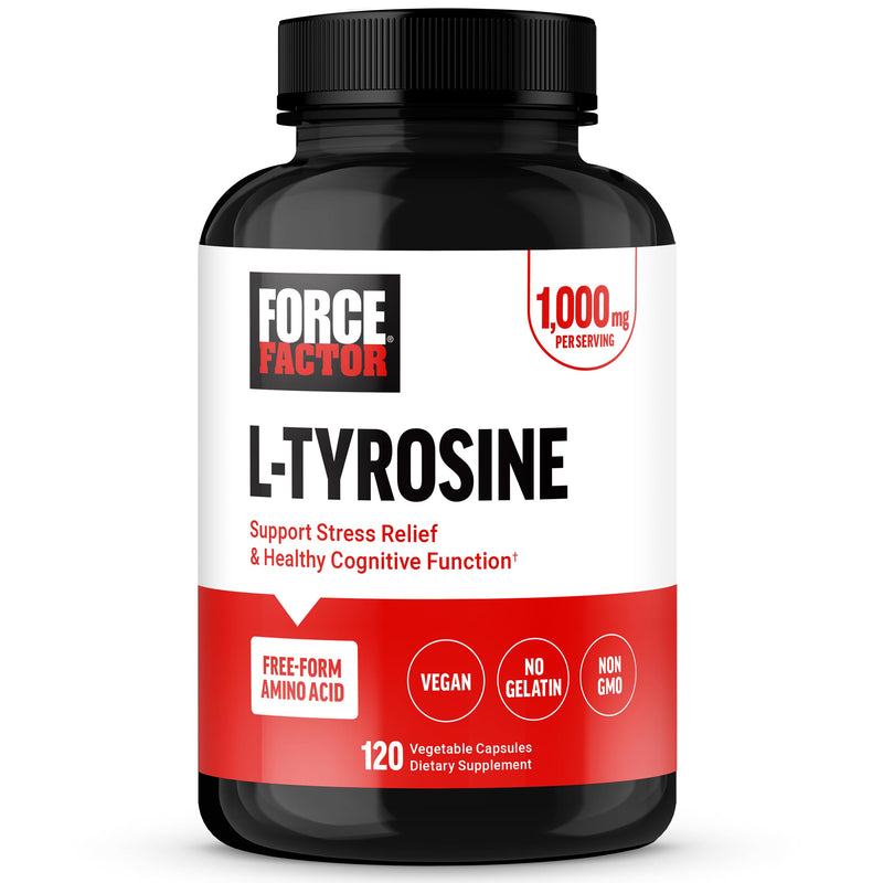 Force Factor L Tyrosine Stress Relief Supplement | L-Tyrosine Brain Health Supplements for Adults, L-Tyrosine 500mg Capsules, Free Form, Vegan, Non-GMO, 120 Capsules