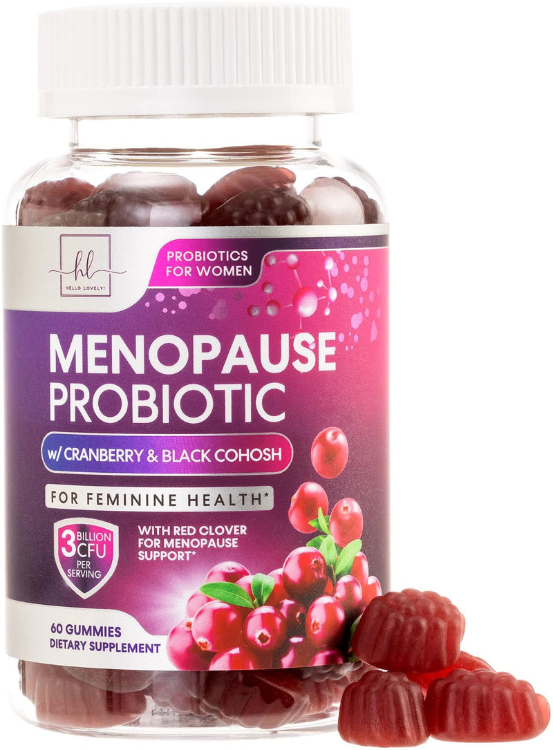 Menopause Supplements for Women Gummies - Black Cohosh, Cranberry, 3 Billion CFU Probiotics per Serving - Complete Menopause Relief for Hot Flashes, Night Sweats, Vaginal Health Support - 60 Gummies