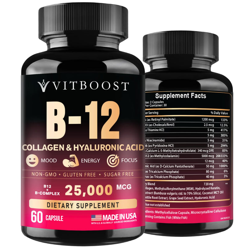 Vitamin B12 with Hyaluronic Acid and Collagen - 25000 mcg B12 Complex, 60Ct | Maximize Absorption & Energy - Folate, B1, B2, B3, B6, B7, B12 Vitamins 5000 mcg Methylcobalamin - Gluten Free 60 Count (Pack of 1)