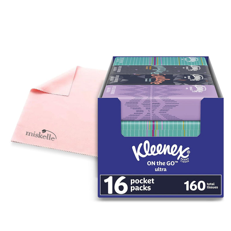 White Facial Tissue 16 Pocket Packs of 10 Kleenx + Bonus Microfiber Cloth by Miskelle - BeesActive Australia
