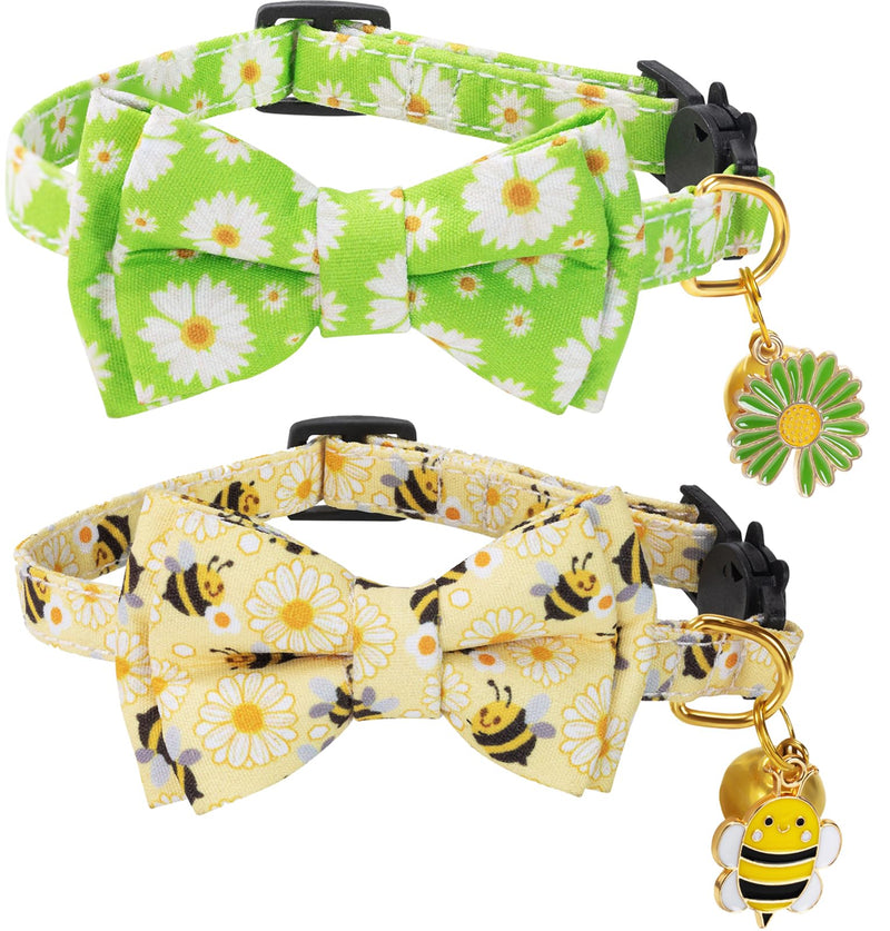 Breakaway Cat Collar with Cute Bow Tie Bell 2Pack Daisy Bee Cat Collar for Male Female Soft Cotton Kitty Kitten Collar Cute Cat Collar Ideal for Girl Cats Boy Male Cats Daisy & Bee - BeesActive Australia