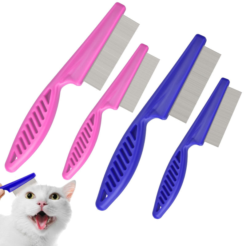 Flea Comb for Cats with Handle, 4 Pcs Flea Brush Tear Stain Comb Grooming Face and Matted Hair Paws Pet Lice Comb for Small, Medium & Large Cat Dog Kitten Rabbit Blue&Pink 4P - BeesActive Australia