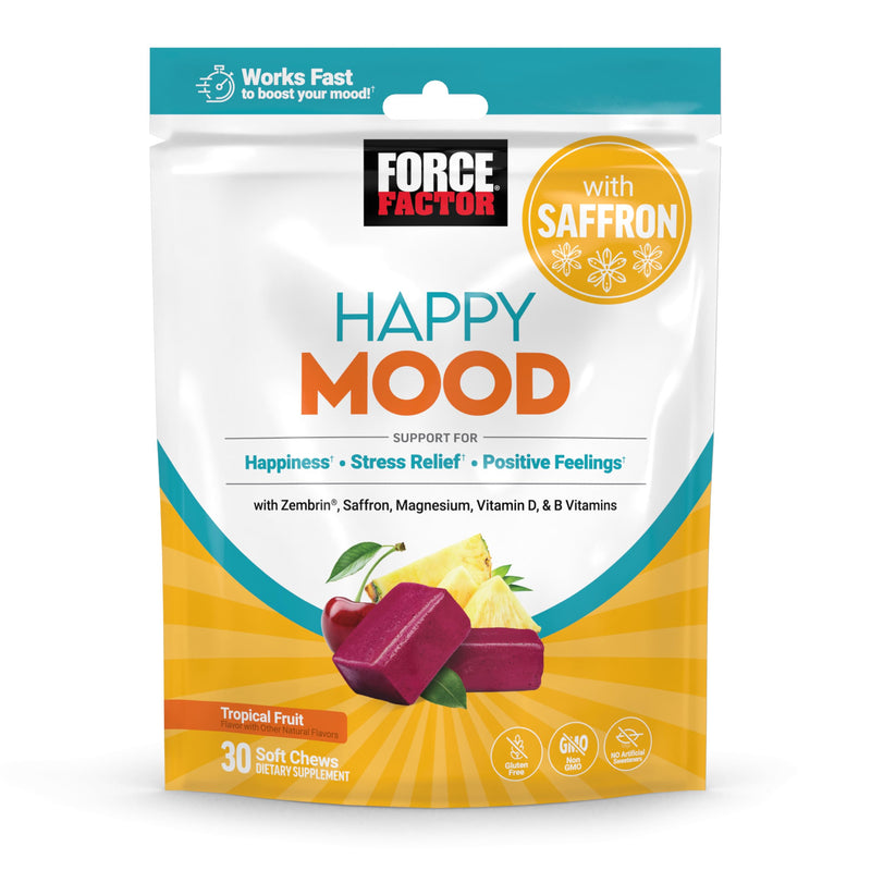Force Factor Happy Mood, Mood Support & Balance Supplement | Support Happiness, Positivity & Stress Relief, Magnesium, Saffron, Zembrin, Non-GMO, Tropical Fruit Flavor, 30 Soft Chews 30 Count (Pack of 1)