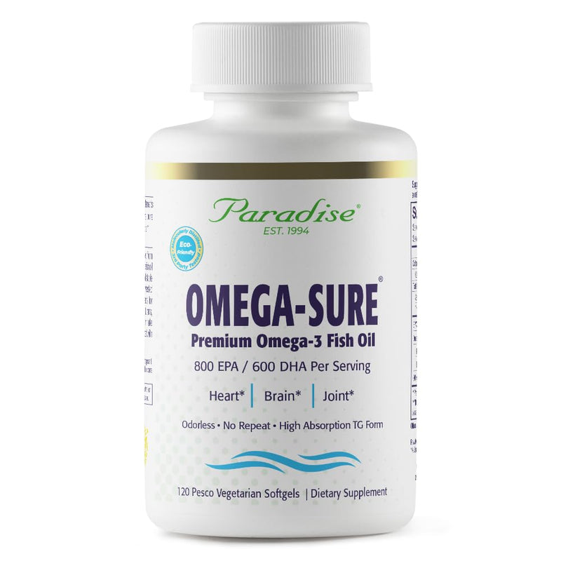 Paradise Herbs Omega-Sure Omega-3 Fish Oil, 120 Vegetarian Softgels | Omega-3 concentrate with DHA and EPA, non-GMO and gluten free formula for heart health support in easy-to-swallow form 120 Count (Pack of 1)