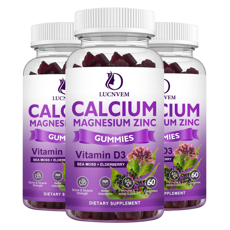 Calcium Magnesium Zinc Gummies witn Elderberry and Sea Moss, Calcium Magnesium 2:1, Contains Magnesium Glycinate, Vitamin D3, for Bones, Muscles, Calm Mood & Sleep Support , 60 Gummies(3 Packs) Sweet Elderberry 60 Count(Pack of 3)