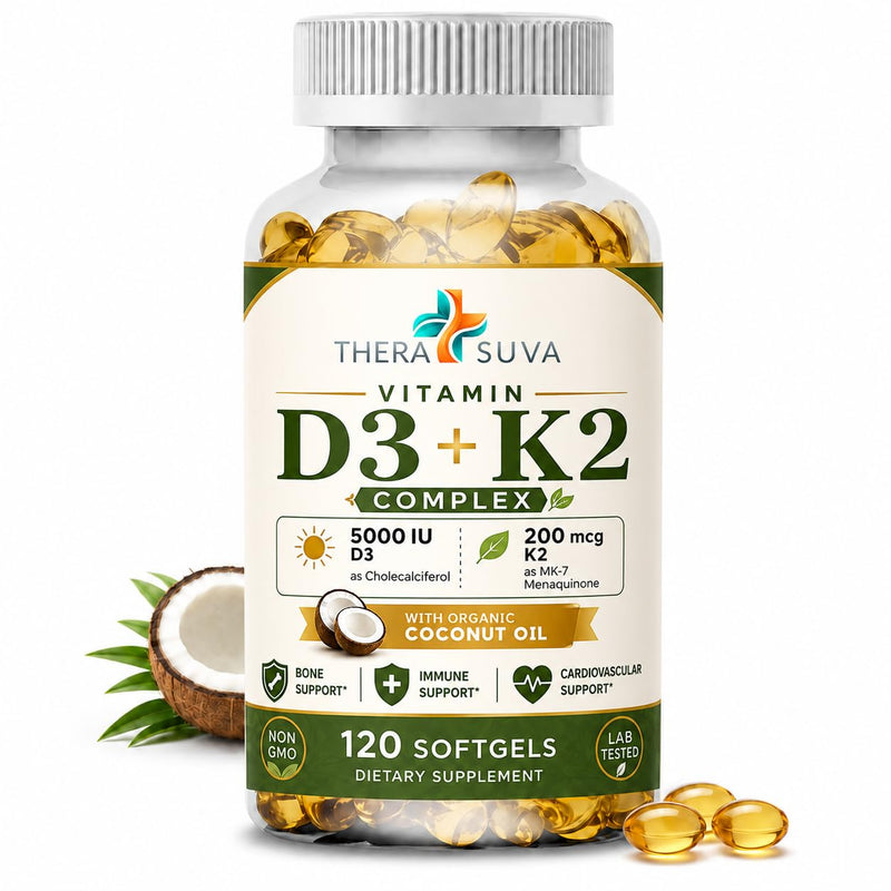 TheraSuva High Potency Vitamin D3 5,000 IU + K2 – Vegan, Non-GMO, with Organic Coconut Oil for Better Absorption – Bone & Heart Support, 2 Month Supply, 120 Softgels