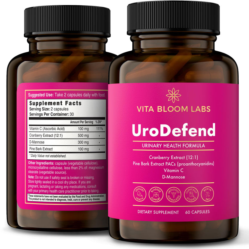 UroDefend UTI Protection Formula | Cranberry PACs | Physician Formulated | Additive Free + Gluten Free | Cranberry Extract, Pine Bark Extract, D Mannose, Vitamin C | 60 Capsules