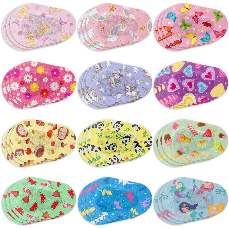 Panitay 36 Pieces Kids Girls Eye Patches Toddler Adhesive Patch Bulk Cotton Fabric Pad Breathable with Lazy Eye for Pediatric Amblyopia,12 Styles Regular Size
