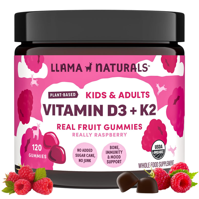 Llama Naturals Vitamin D3 K2 Gummies for Adults and Kids, Vegan, Organic, Vitamin D Gummies, Real Fruit Gummy Vitamins, No Added Sugar Cane, Raspberry, 120 Ct 120 Count (Pack of 1)