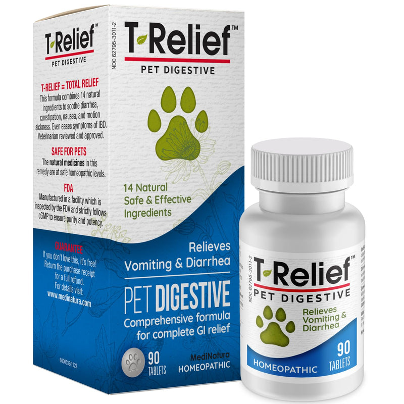 T-Relief Pet Digestive Complete GI Relief for Dog & Cat Soothing Aloe + 13 Natural Homeopathic Actives Help Calm Nausea & Diarrhea from Mild Illness Food Stress or Motion Sickness - 90 Tablets - BeesActive Australia