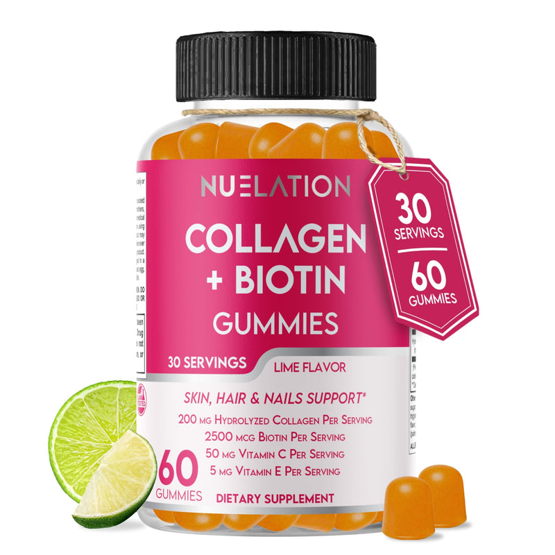 Collagen Gummies with Biotin 2500mcg - Hair Skin Nails & Joint Support - 60 Count (30 Servings) - Hydrolyzed Bovine Collagen with Vitamin C, E & Zinc - Gluten Free, Non-GMO - for Women & Men