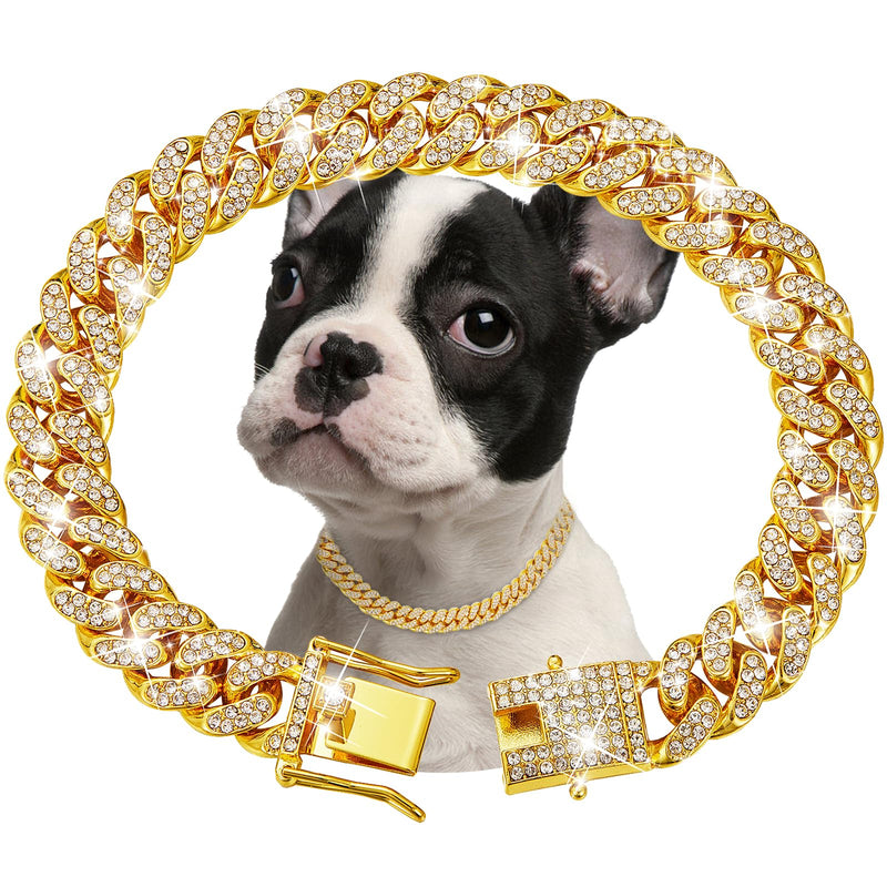 Gold Dog Chain Collar Diamond Cuban Link Dog Collar 13mm Wide Dog Necklace Metal Cat Chain Pet Crystal Collar Jewelry Accessories for Small Medium Large Dogs Cats(10inch) 10inch Gold - BeesActive Australia