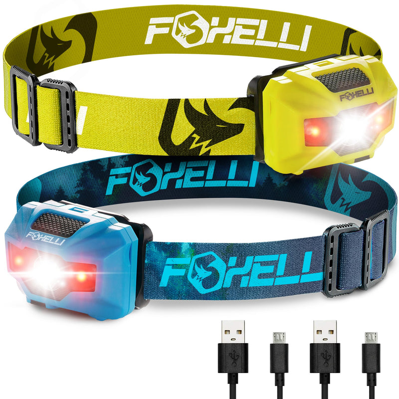 Foxelli Rechargeable LED Headlamp Bundle of 2 - Yellow & Forest: Ultralight Waterproof Head Lamp with Red Light for Running, Camping, Hiking & Outdoor - BeesActive Australia