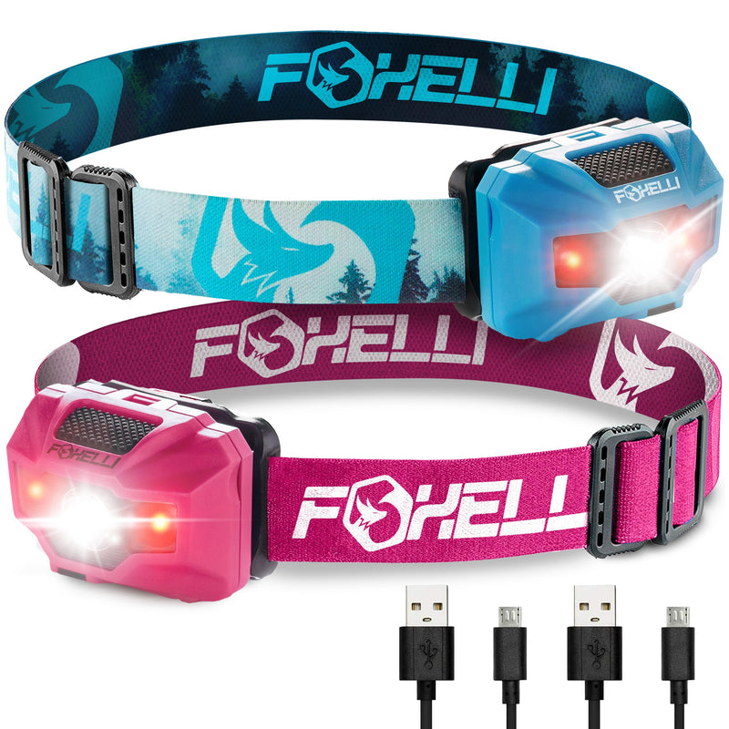 Foxelli Rechargeable LED Headlamp Bundle of 2 - Forest & Pink: Ultralight Waterproof Head Lamp with Red Light for Running, Camping, Hiking & Outdoor - BeesActive Australia
