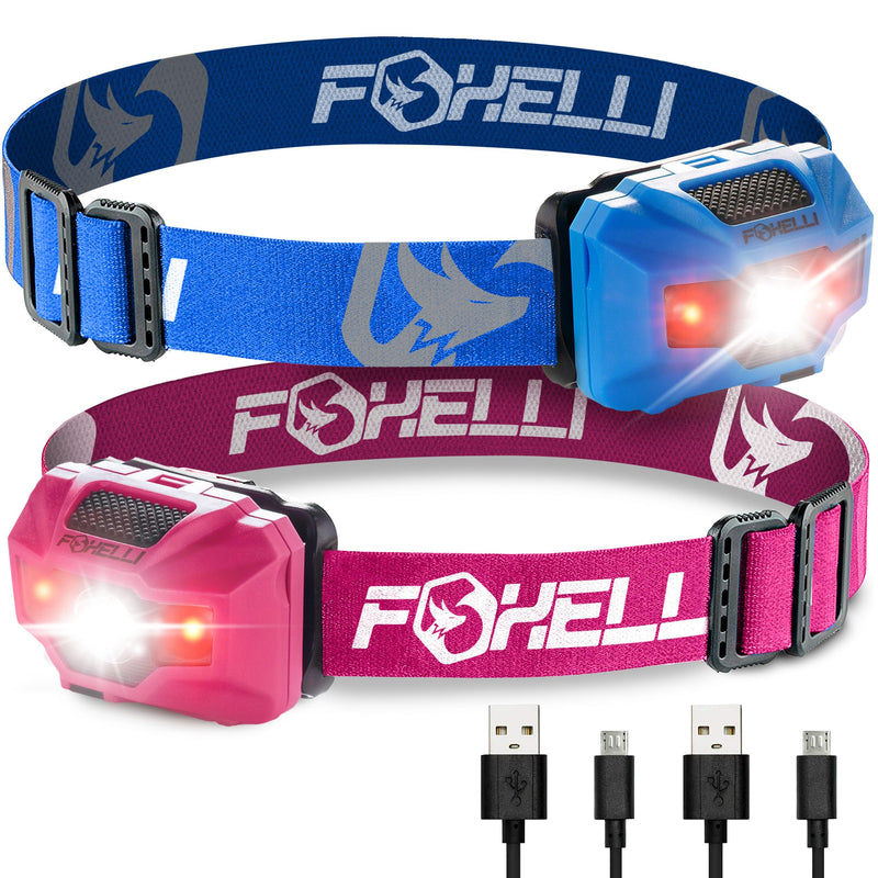 Foxelli Rechargeable LED Headlamp Bundle of 2 - Blue & Pink: Ultralight Waterproof Head Lamp with Red Light for Running, Camping, Hiking & Outdoor - BeesActive Australia