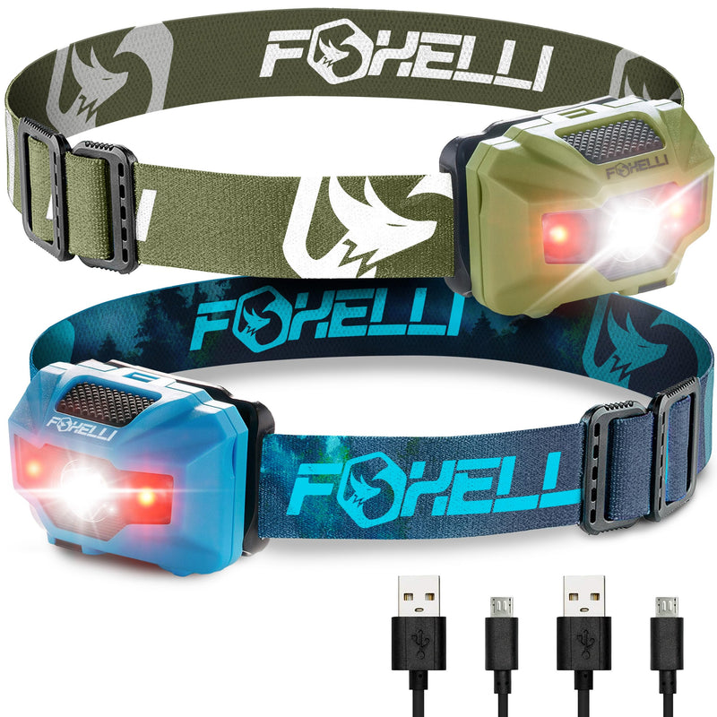 Foxelli Rechargeable LED Headlamp Bundle of 2 - Khaki & Forest: Ultralight Waterproof Head Lamp with Red Light for Running, Camping, Hiking & Outdoor - BeesActive Australia